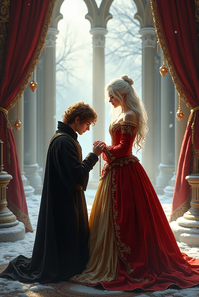 A beautiful young girl with platinum/white hair in a red and gold medieval dress. And a handsome, pale young boy with curly brown hair and with medieval black robes. They were together and the boy will be kissing the girl's hand while bowing to her. And th...