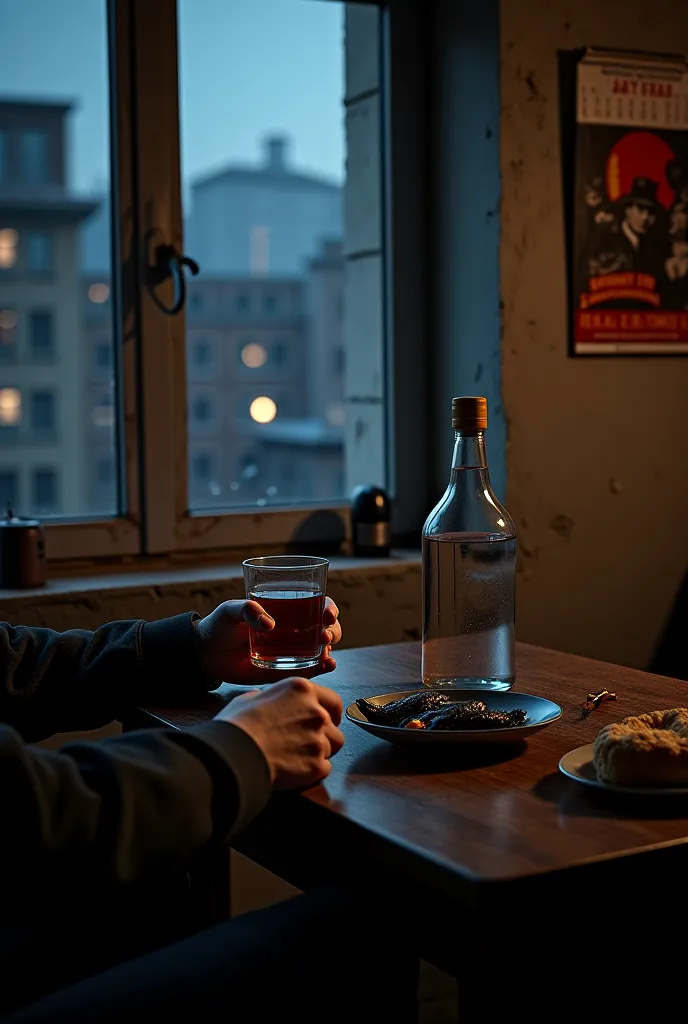 A hyper-realistic first-person view of someone sitting at a table in a small Soviet apartment at night. The character's hands are in front, one holding a glass of vodka while the other rests on the worn wooden table. On the table, there is a nearly full bo...