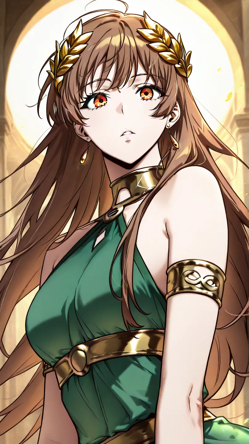 long hair, brown hair, golden eyes, bangs, 1girl, solo, earrings, jewelry, long_hair, dress, looking_at_viewer, brown_hair, armlet, laurel_crown, yellow_eyes, breasts, green_eyes, green_dress