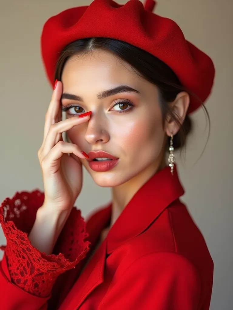 
"Create an elegant portrait of a woman with soft natural makeup, wearing a bright red lace beret and a matching red suit with lace details on the sleeves. She is gently holding her hand near her face, covering one eye with a delicate, elegant gesture. The...