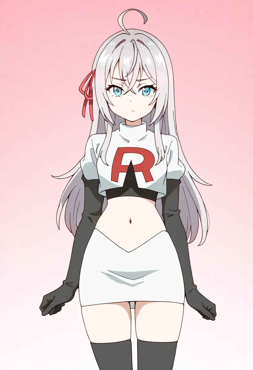 masterpiece, best quality, amazing quality,
1girl, solo, looking at viewer, gradient background, 
long hair, silver hair, ahoge, crossed bangs, red hair ribbon, sidelocks, blue eyes,
team rocket,team rocket uniform,white skirt,red letter R,crop top,black t...