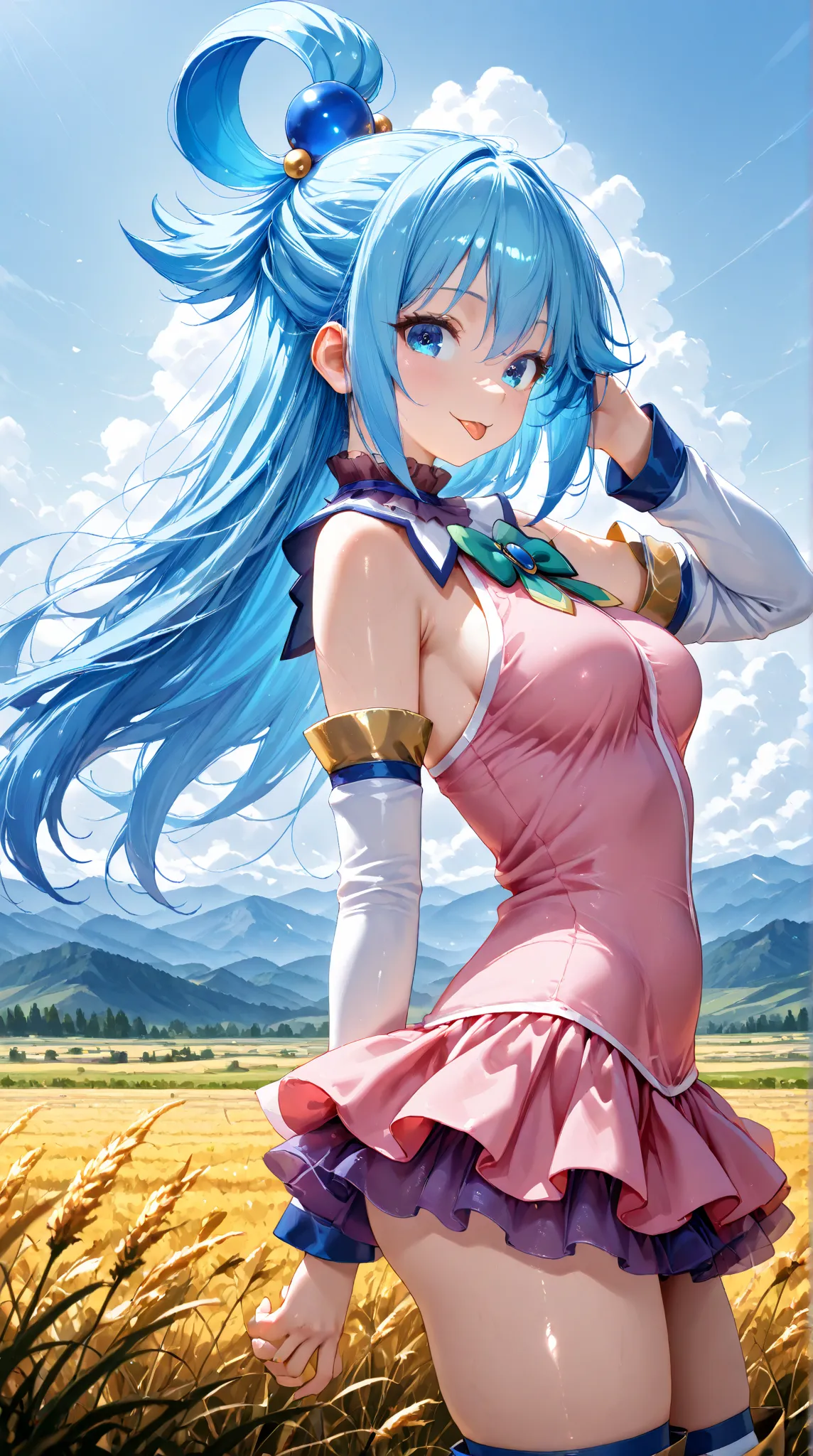 aquaSDXL,1girl,solo,long hair,blue eyes,hair ornament,thighhighs,blue hair,detached sleeves,hair rings,blue thighhighs,aqua (konosuba), pink dress, sleveless dress, small dress, wind blows, hand in hair, ;P , looking at viewer, sunny day, rural field, moun...