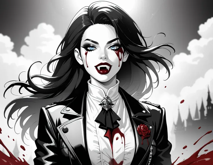 score_9, score_8_up, score_7_up,goth black and white anime art, (black and white art: 1.5) mostly black and white, a picture of a beautiful female vampire, best detailed face, black hair, long hair hair, blue eyes, wearing trench coat, wearing a skirt, wea...