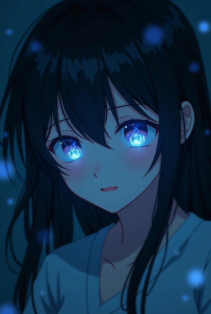 [Anime girl portrait, partially obscured face, dreamy and melancholic mood], [digital art, glitch art, pixel art], [no specific artist reference], [cool blue and dark grey color palette, heavy pixelation effect, glowing stars and digital noise, halftone te...