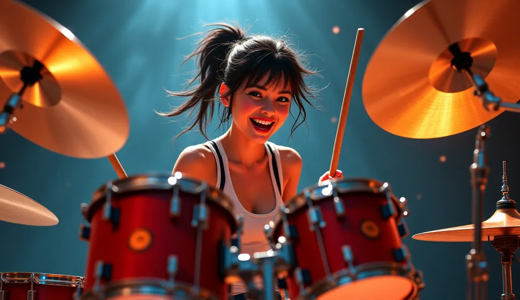 Cute girl playing drums sweating