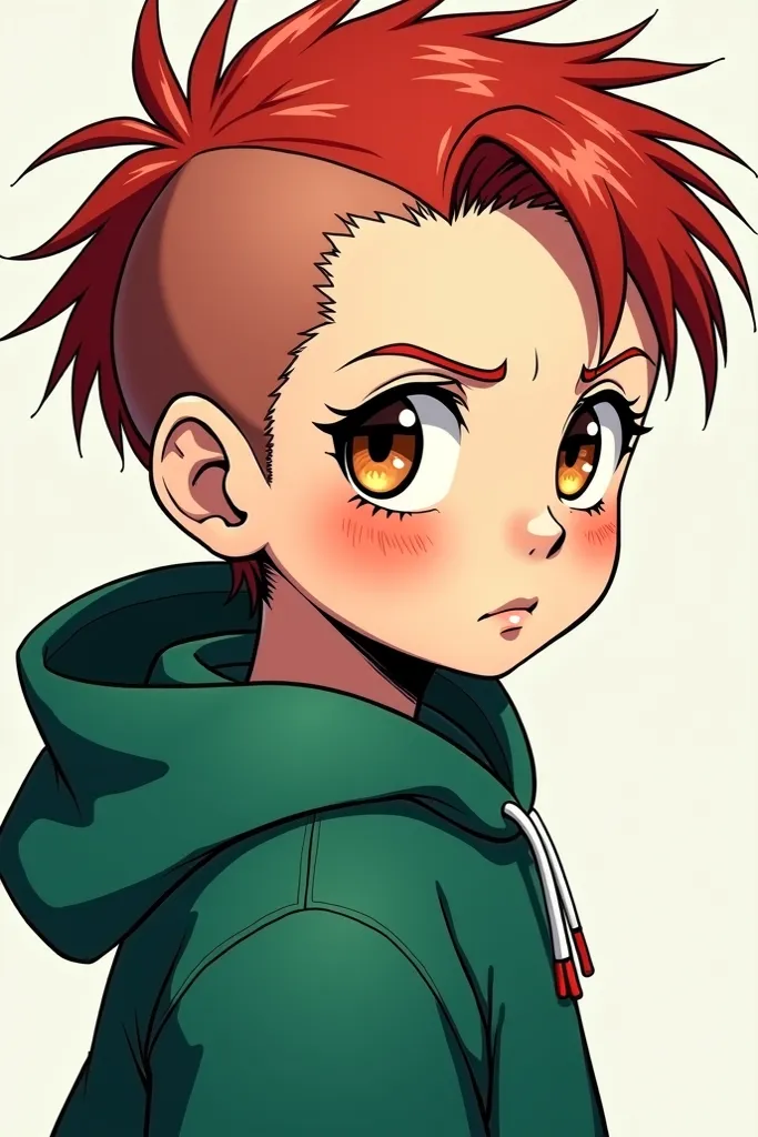 A manga cartoon image, une enfant fille à la peau claire, with hair shaved on one side and short on the other, red color, With hazel eyes , with an emerald hoodie