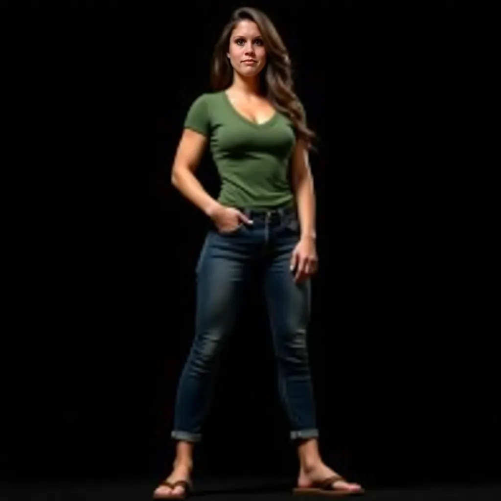 5 foot 11 big bone woman athletic body tight green ringer tshirt tight jeans and blrown flip flops     black background  