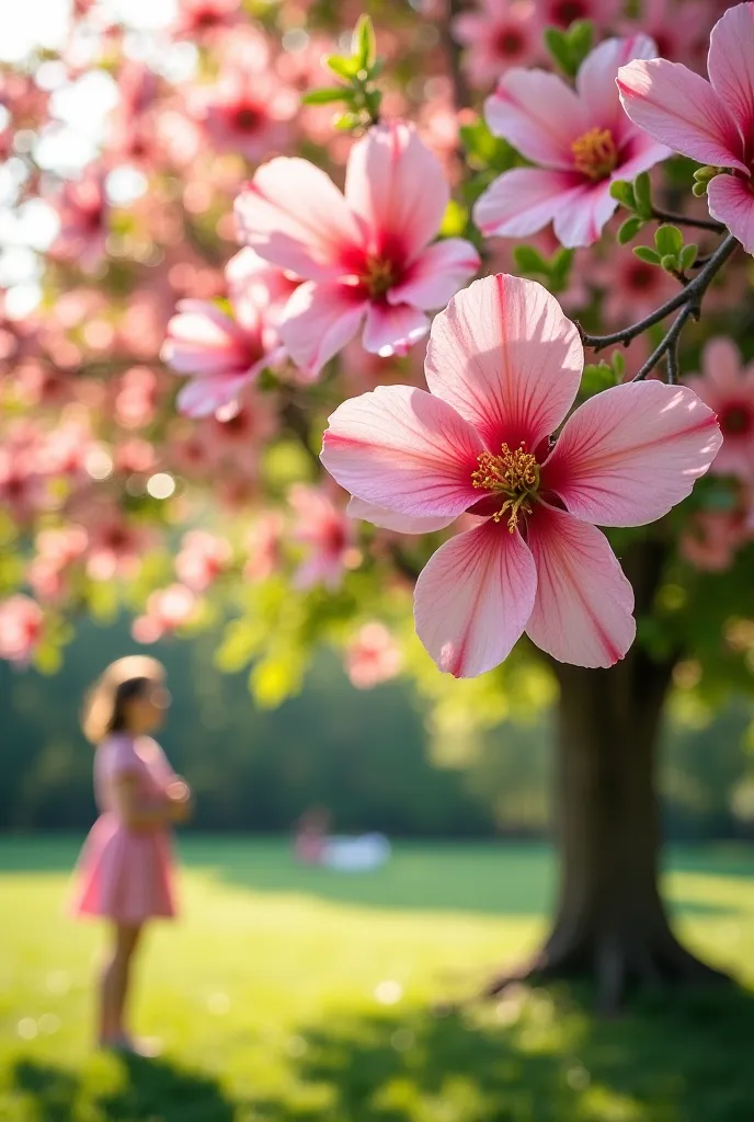 "A spring tree with large, vibrant blooming flowers and fresh green leaves, positioned closer to the viewer to create a sense of depth. The tree should have prominent, colorful blossoms, with soft petals in shades of pink and white. The tree's trunk and br...