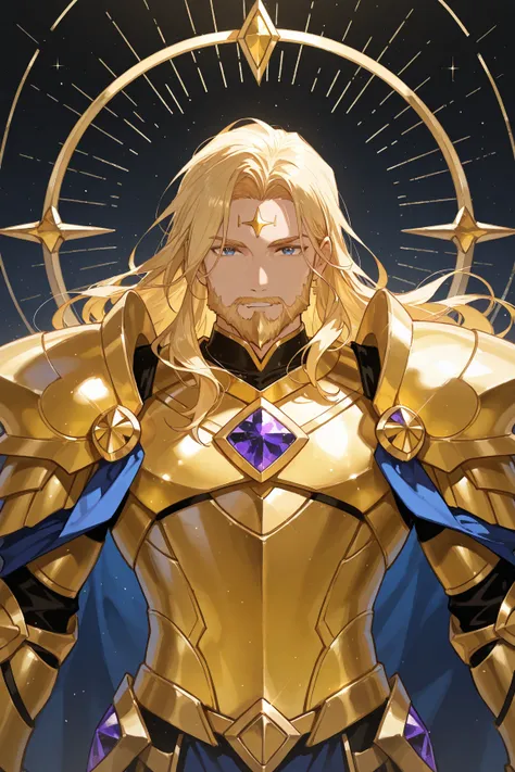 Male,long gold blonde hair,medium beard,celestial gold armor