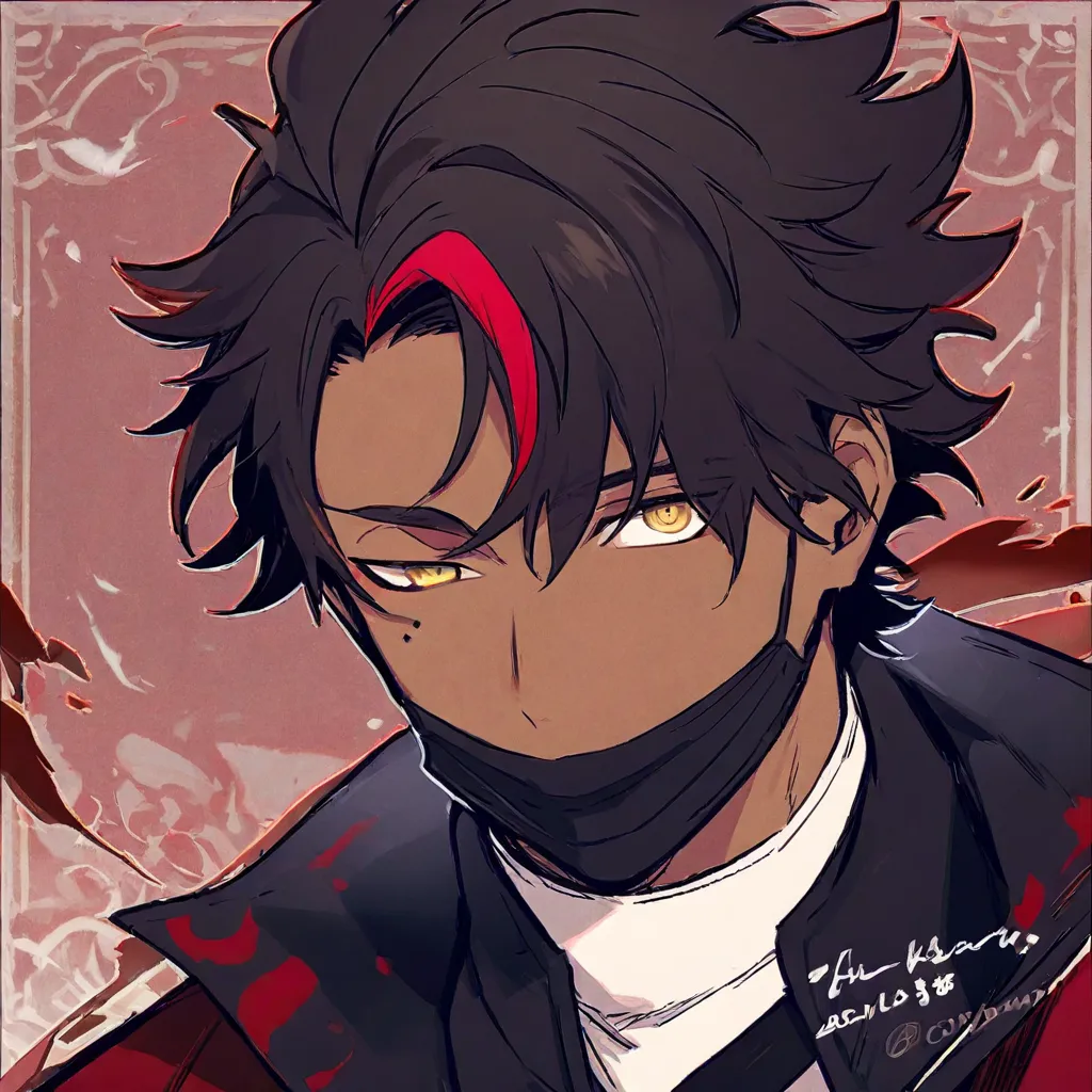 a character with the lower part of his face covered by a black mask with only one eye visible, Eye of the color coffee crimson,  He has dark skin 