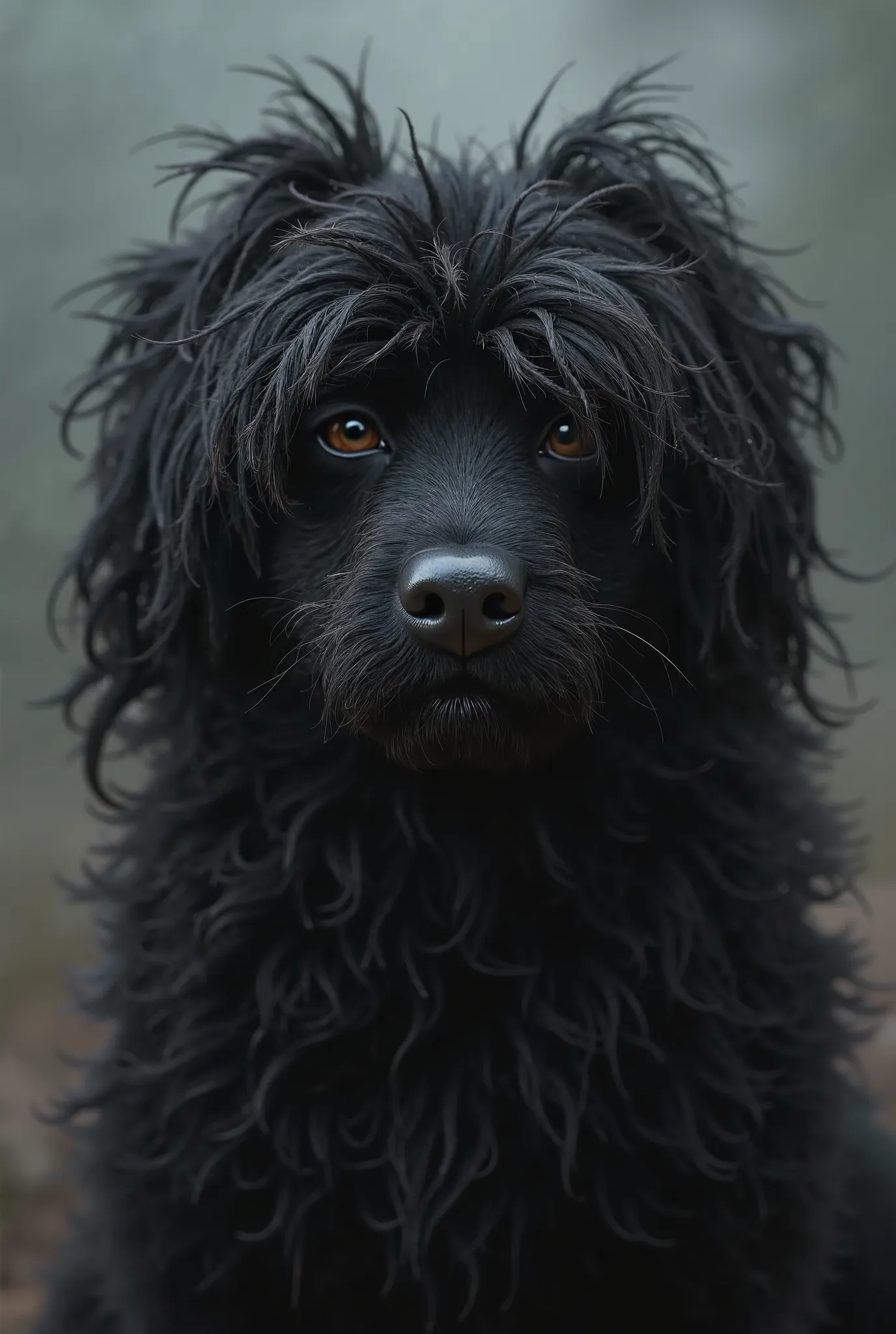 Furry black dog with bangs hiding its eyes