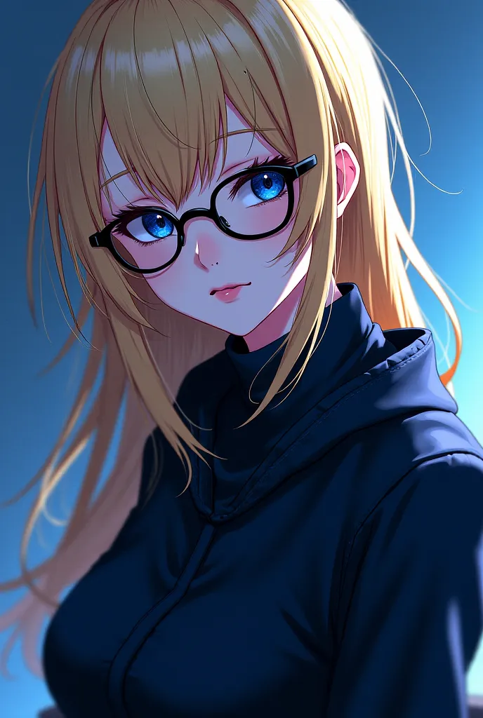 female anime,long blond hair,black lenses, black clothes with blue ,white skin 