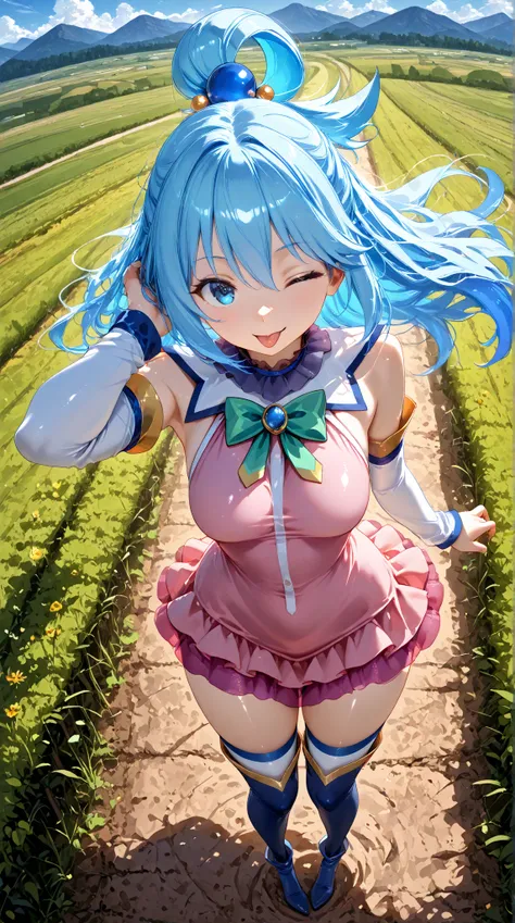 aquaSDXL,1girl,solo,long hair,blue eyes,hair ornament,thighhighs,blue hair,detached sleeves,hair rings,blue thighhighs,aqua (konosuba), pink dress, sleveless dress, small dress, wind blows, hand in hair, ;P , looking at viewer, sunny day, rural field, moun...