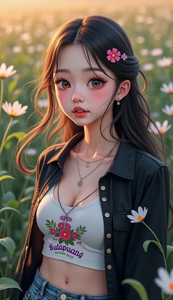   Asian girl,Round face,  long hair,  long hairเป็นพิเศษยาว 2 เมตร, , I soared up ,  I fluttered in the wind  , Round face,  , strong abdominal muscles ,  tattooed ,    glazed tile skin   , Pink skin,สวมเสื้อยืดคอกลมสีดำ  She wore a black blouse with a gra...