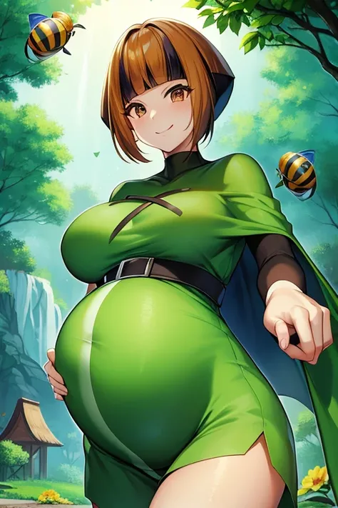 masterpiece、highest quality、Pokémon、nathan、Colossal breasts mature pregnant woman、Colossal breasts mature pregnant woman、colorful hair、green capellet、（（（green cape）））+++、（（（green cape）））+++、（（（green cape）））+++、black shirt、long sleeve、abdomen、belt、orange sh...