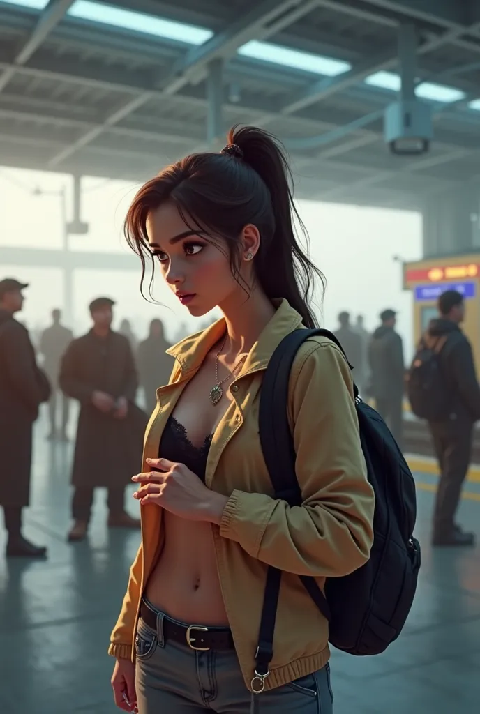 Create an imagine Pixar style with an Indian hot girl almost naked on a foggy subway station 