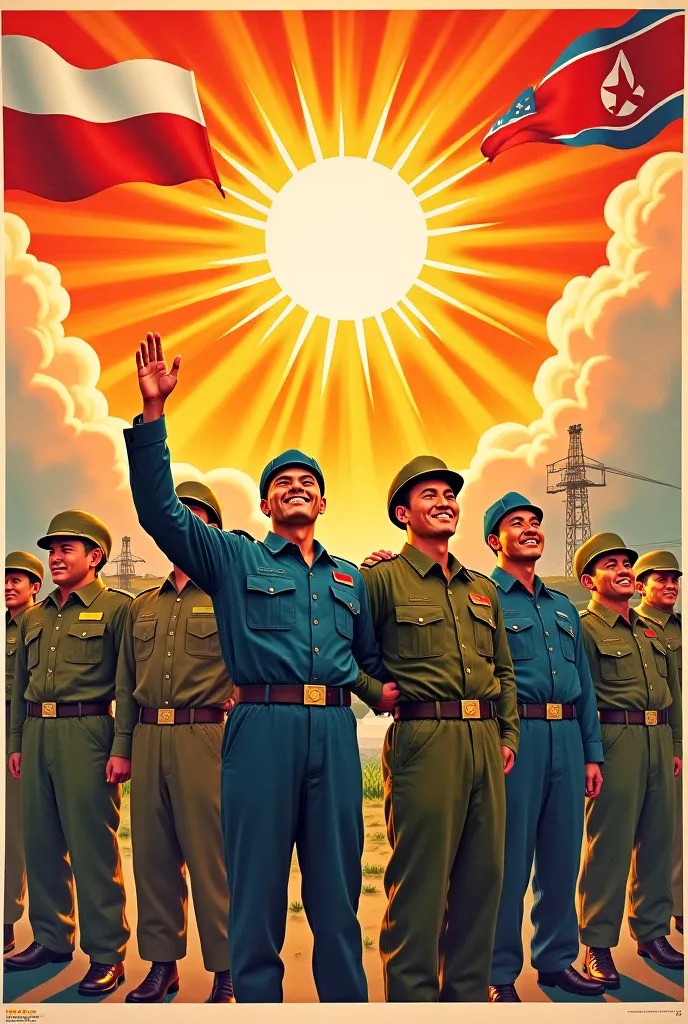 Create a propaganda poster showing the friendship between Poland and North Korea, let the sun shine in the background and happy soldiers and workers