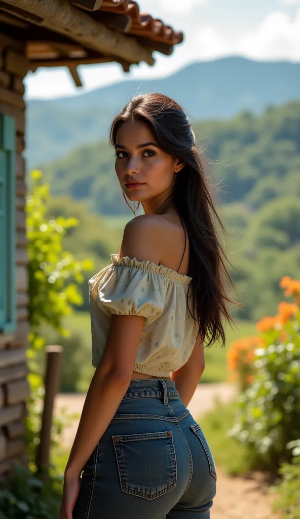 A pretty real Colombian girl with beautiful pants and a nice shirt in a country house that shows her back
