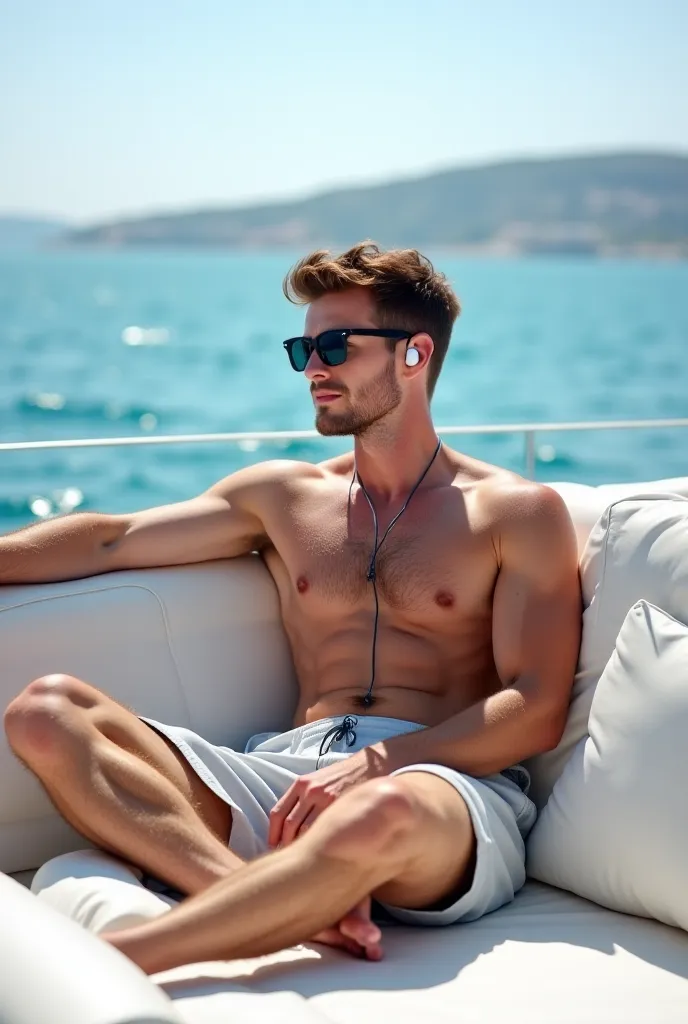 Sur le pont d'un yacht un homme blanc, 30 ans, cheveux bruns courts, yeux bleus, short stubble, machoire carree, beau, musclé, en short de bain et lunette noire se detend sur un transat en ecoutant de la musique avec des airpods. Ilbest couché. Il y a des ...