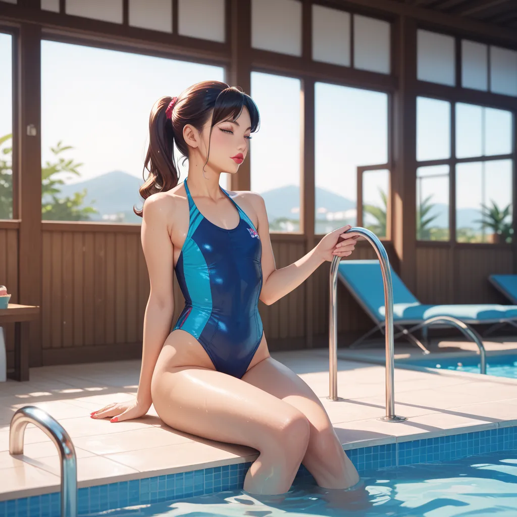 One girl, ponytail,bikini,indoors, pool,anatomically correct, Japanese anime,full body,Age 15,Gloss,gloss,