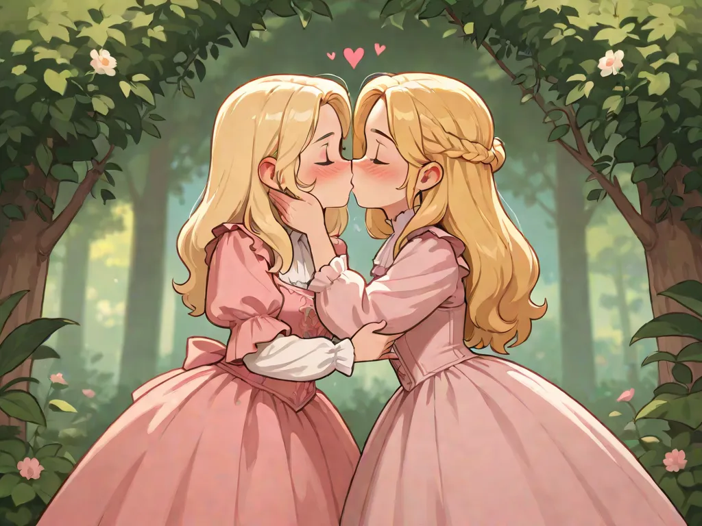 Two little princesses, they kiss passionately,  Victorian pink dress , jardin medieval, Kisses between lesbian girls