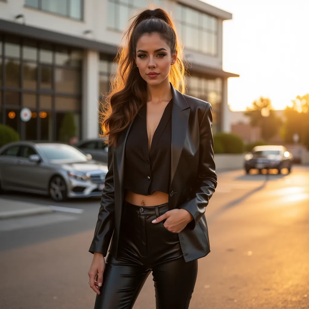 realistic picture of 30 year old girl, she has a brown hair, with a curled pony tail in the back and front side parts curled,, full makeup, blush, dark eyeshadow, she is wearing a short leather blazer, white satin shirt and tight leather pants, high heels,...