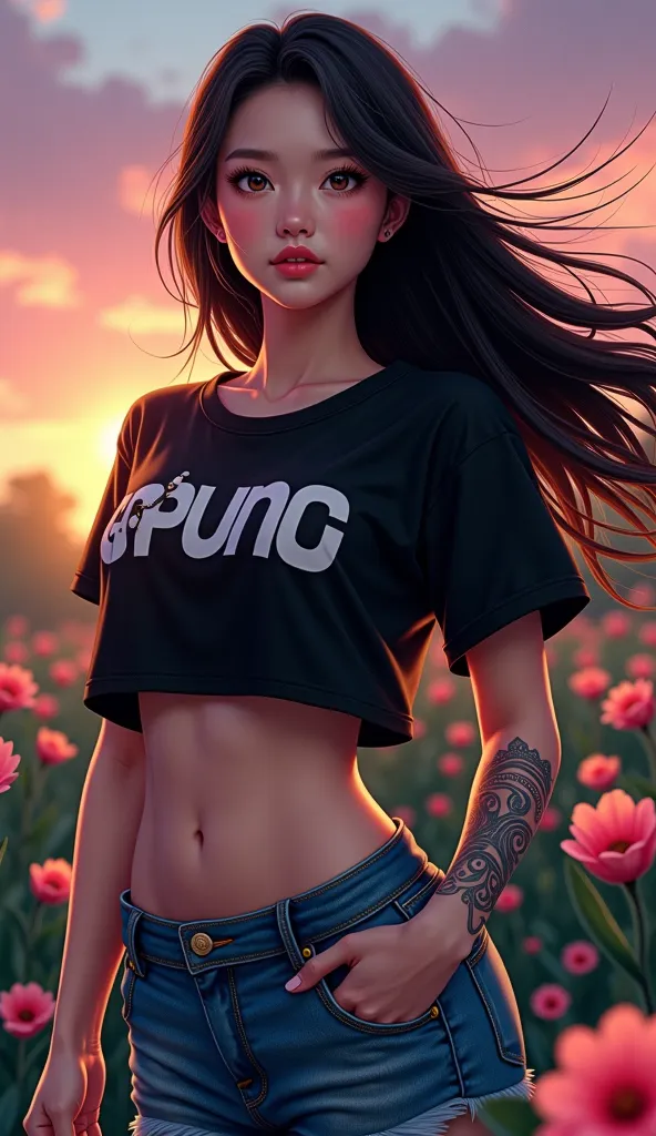   Asian girl,Round face,  long hair,  long hairเป็นพิเศษยาว 2 เมตร, , I soared up ,  I fluttered in the wind  , Round face,  , strong abdominal muscles ,  tattooed ,    glazed tile skin   , Pink skin,สวมเสื้อยืดคอกลมสีดำ  She wore a black blouse with a gra...