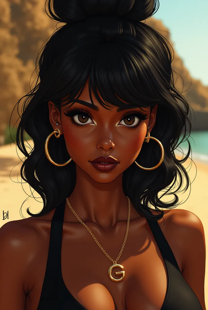 Black woman with wavy black hair on top of her hair wearing pink glasses , straight eyes color black , lips pierced lips with a labret and lipstick with a brown contour and gloss, round face, Ear hoop earring , a black strap blouse and a necklace with the ...