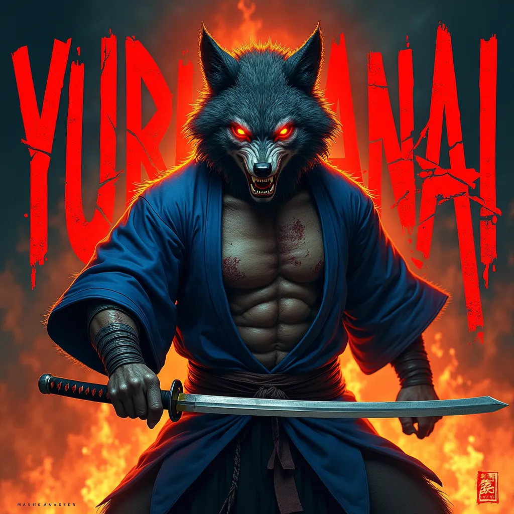 6. "Yurusanai"
A ferocious, ultra-realistic wolf samurai, his fur bristling with rage. His eyes are burning red, his grip on the katana firm as he prepares to strike. His blue haori is torn slightly from battle, revealing his scarred, muscular chest. The b...