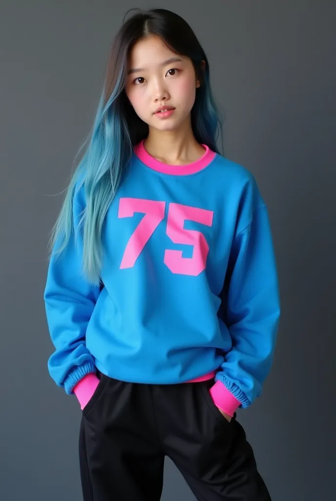 The image shows a beautiful korea woman standing against a dark gray background. The individual is wearing a blue shirt with pink accents on the collar and sleeves, featuring the number "75" in pink. They are also wearing black jogger-style pants. The pers...