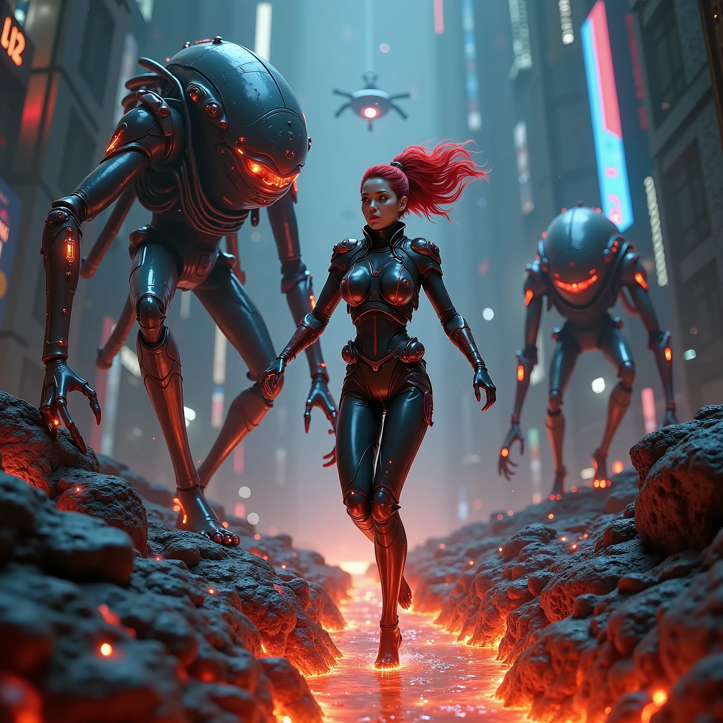 A colossal, obsidian river of molten lava surges through a futuristic, cyberpunk metropolis, its incandescent flow illuminating towering skyscrapers of chrome and glass.  Massive, bioluminescent alien creatures, resembling colossal, six-legged arachnids wi...