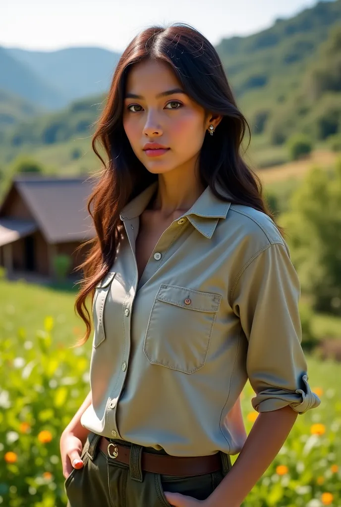 A pretty real Colombian pretty girl in pretty pants and a nice shirt in a country house outside
