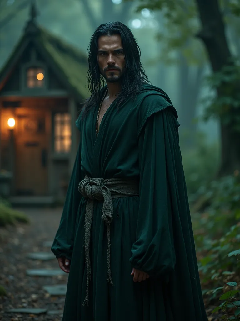 a handsome male, man, attractive, Enchanted forest Hut, looking to the camera, defiant, glowing light eyes, Masterpiece, full body, Cinematic Lighting, Black rags, dark green robe, mystical, photorealistic, witch, magic, forest, night, dramatic cinematic l...