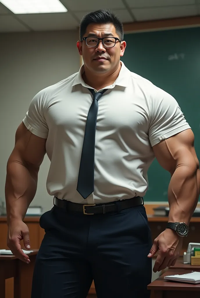 Huge beefy muscle man, Teacher,Glasses,Japanese,Wearing really tight office shirt,huge pecs,Huge arms,Huge abs,Extremely big, massive,Nipples highlighted on his shirt,Realistic