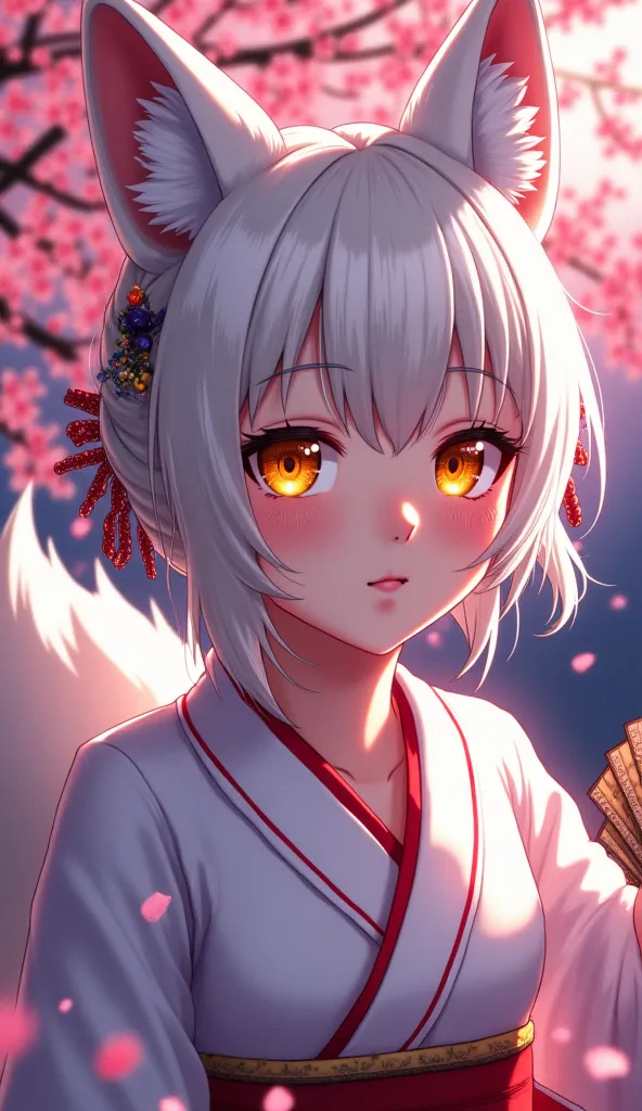 (masterpiece, top quality, best quality, official art, beautiful and aesthetic:1.2), (1girl), (detailed yellow eyes), extreme detailed eyes, (perfect face), hairpins, (white kimono with red lines:1.3), (colorful), shiny skin, (white fox), (sakura petal), h...