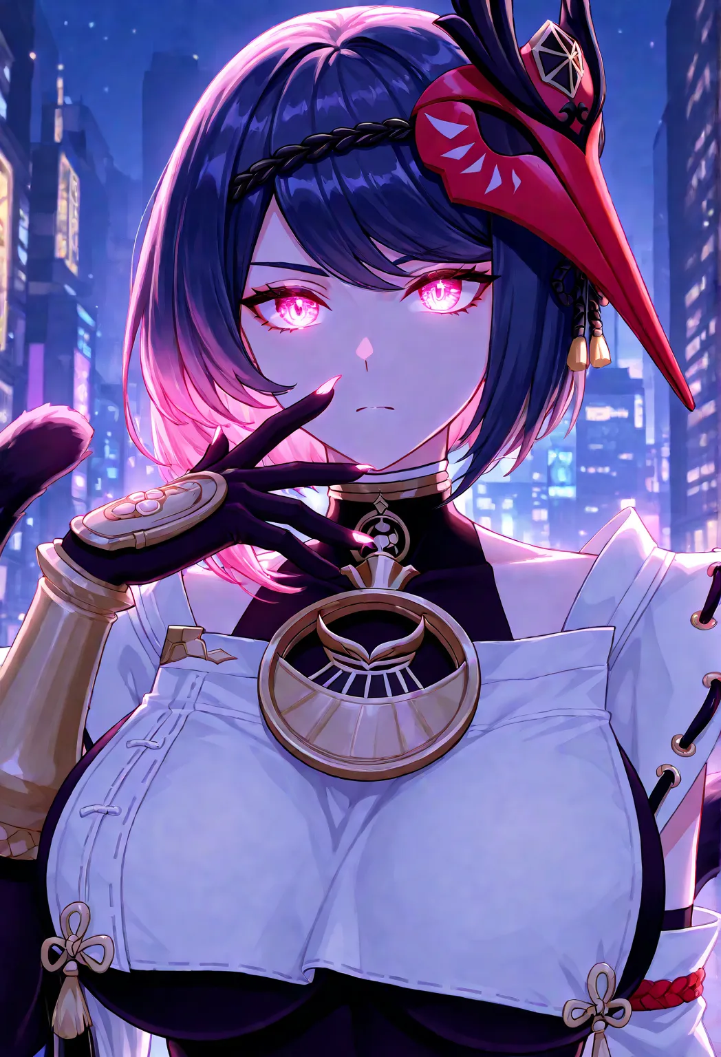 Woman, with neon pink hair in a Bob, with a glowing neon pink eye and neon blue eye, in genshin impact kujou Sara’s clothes, with full gloves with pointed fingernails, with mechanical cat tail, with extra extra large chest, top body portrait, city backgrou...