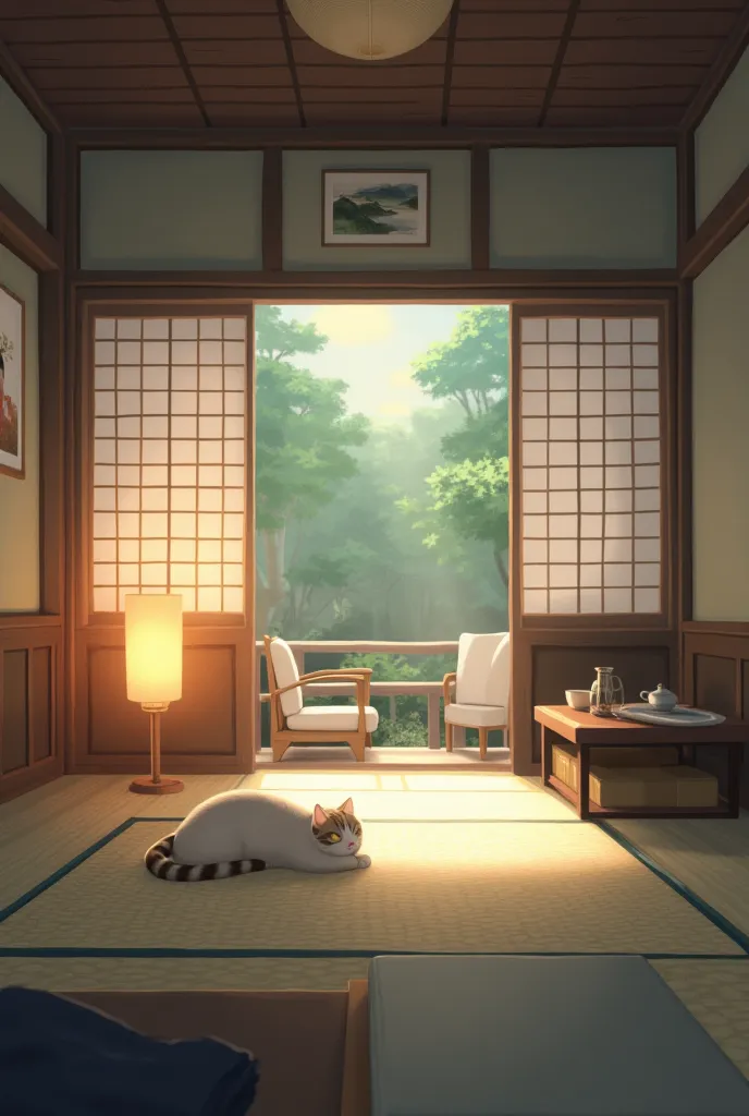 shows a traditional Japanese room. in the room covered with tatami mats, a low tea table, There are walls decorated with Japanese artwork and lamps emitting warm light. A cat sleeping on the mat adds a peaceful atmosphere to the atmosphere. Reflecting Japa...