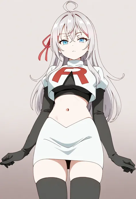 masterpiece, best quality, amazing quality,
1girl, solo, looking at viewer, gradient background, 
long hair, silver hair, ahoge, crossed bangs, red hair ribbon, sidelocks, blue eyes,
team rocket,team rocket uniform,white skirt,red letter R,crop top,black t...