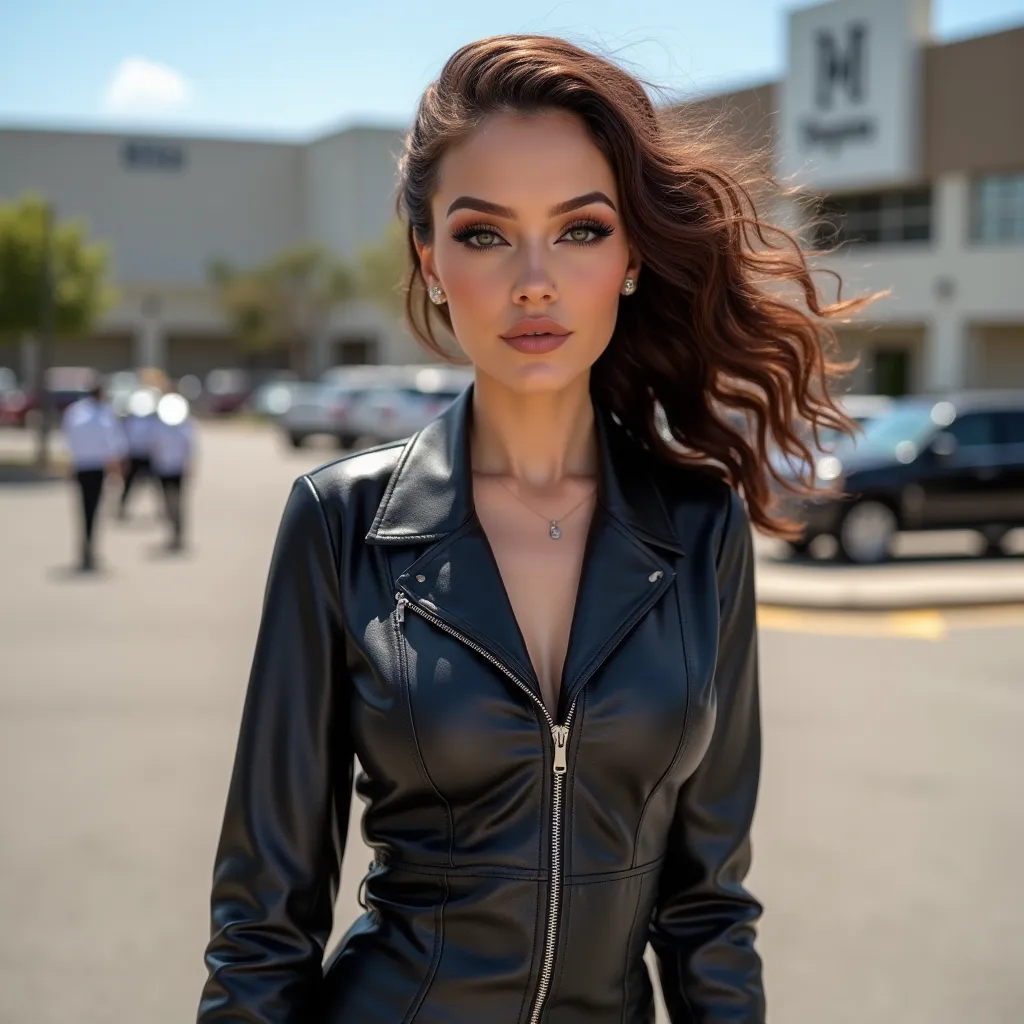 realistic picture of 30 year old girl, she has a brown hair, with a curled pony tail in the back and front side parts curled,, full makeup, blush, dark eyeshadow, she is wearing a long sleeved leather midi dress and high heels, very slim waist, she has wid...