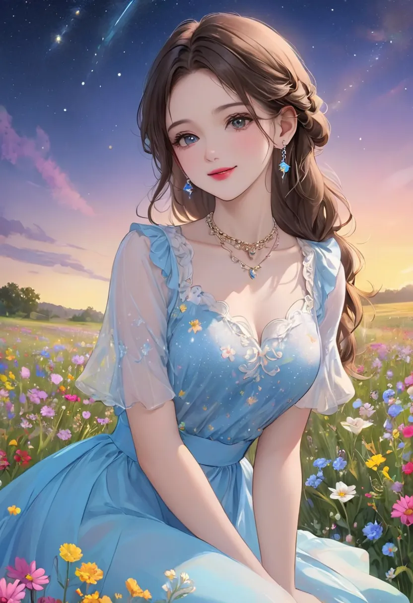  masterpiece、  top quality、8k、 1 BEST GIRL  、perfect style, Perfect face ,  beautiful face、  beautiful brown eyes、   pretty pink lips  、Beautiful Nose、    long flowing brown hair    、  moderate bust、smile、 bright starry sky 、Prairie wildflowers 々 、   Milky...