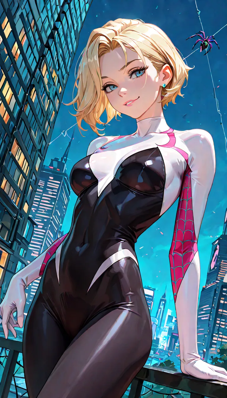 masterpiece, absurdres, amazing quality, best quality, 1girl, Spider Gwen, ((Spider Gwen)), short blonde hair, blue eyes, average breasts, slender, high quality, very aesthetic, solo, park ((Across The Spiderverse)), faling, smirking