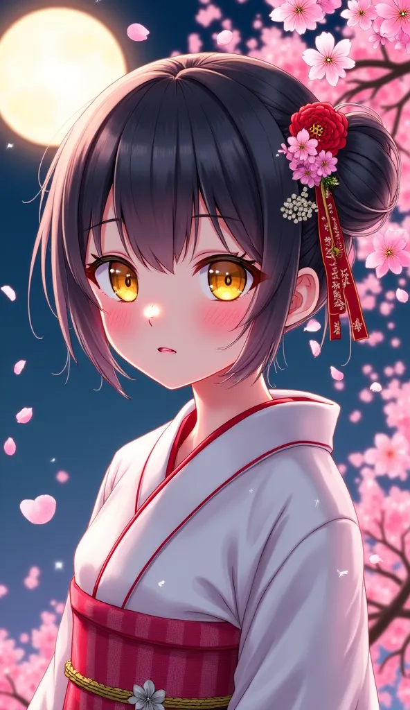 (masterpiece, top quality, best quality, official art, beautiful and aesthetic:1.2), (1girl), (detailed yellow eyes), extreme detailed eyes, (perfect face), hairpins, (white kimono with red lines:1.3), (colorful), shiny skin, (white fox), (sakura petal), h...