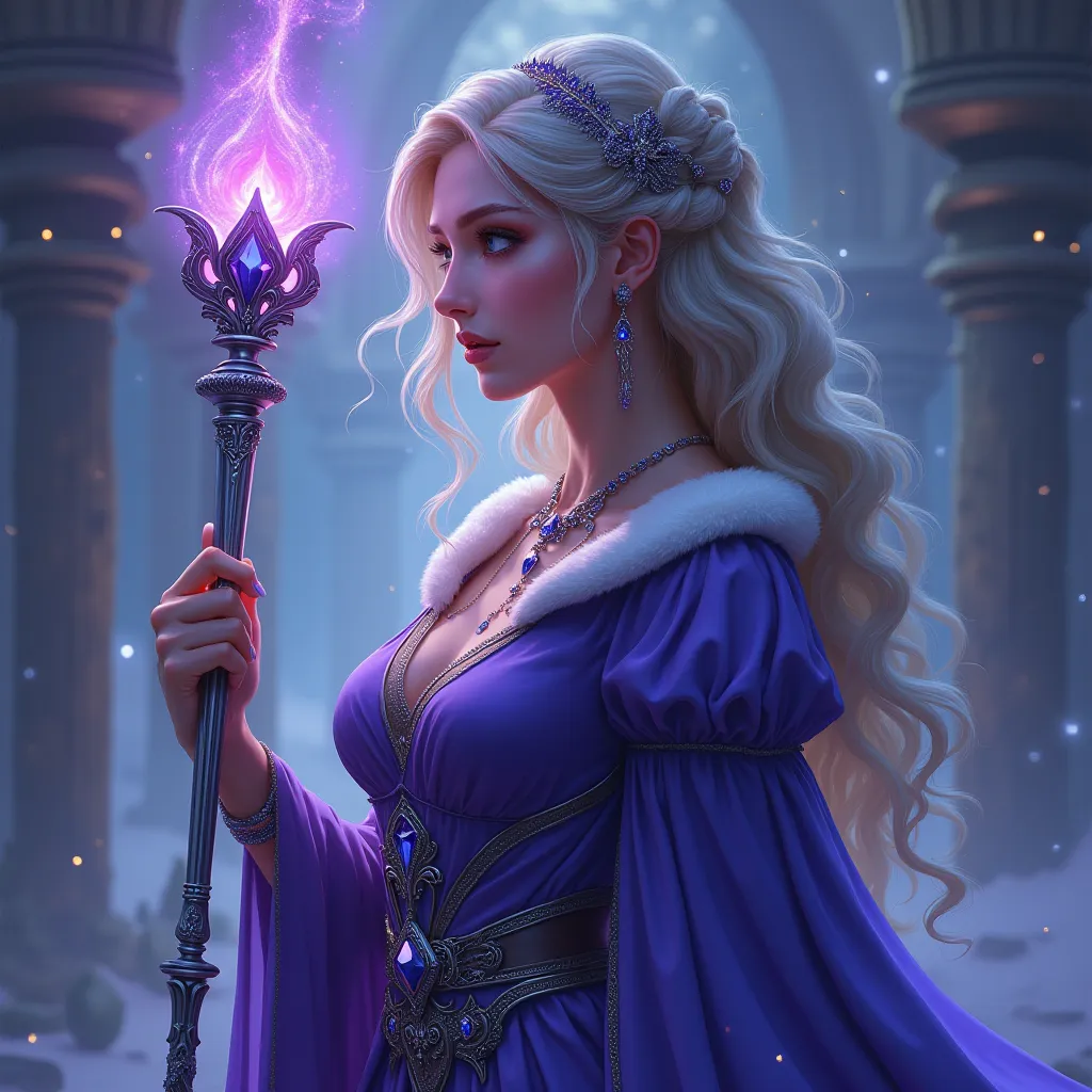 Recreate this same female character in a full profile from head to toe wearing luxury or bard-style clothing holding a silver scepter, Magical in the colors purple and blue with small diamonds blue and purple