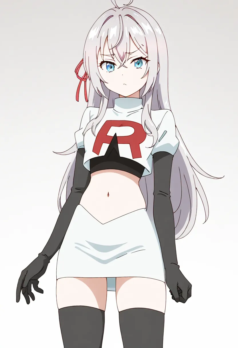 masterpiece, best quality, amazing quality,
1girl, solo, looking at viewer, gradient background, 
long hair, silver hair, ahoge, crossed bangs, red hair ribbon, sidelocks, blue eyes,
team rocket,team rocket uniform,white skirt,red letter R,crop top,black t...