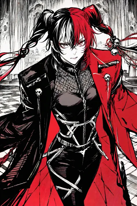 Viktor is a living spectacle. } His clothing is an insane version of a buffoon suit, with a long red coat with golden diamond patterns, asymmetrically cut. The right side looks elegant, with fine embroidery and perfect lines, while the left is more chaotic...