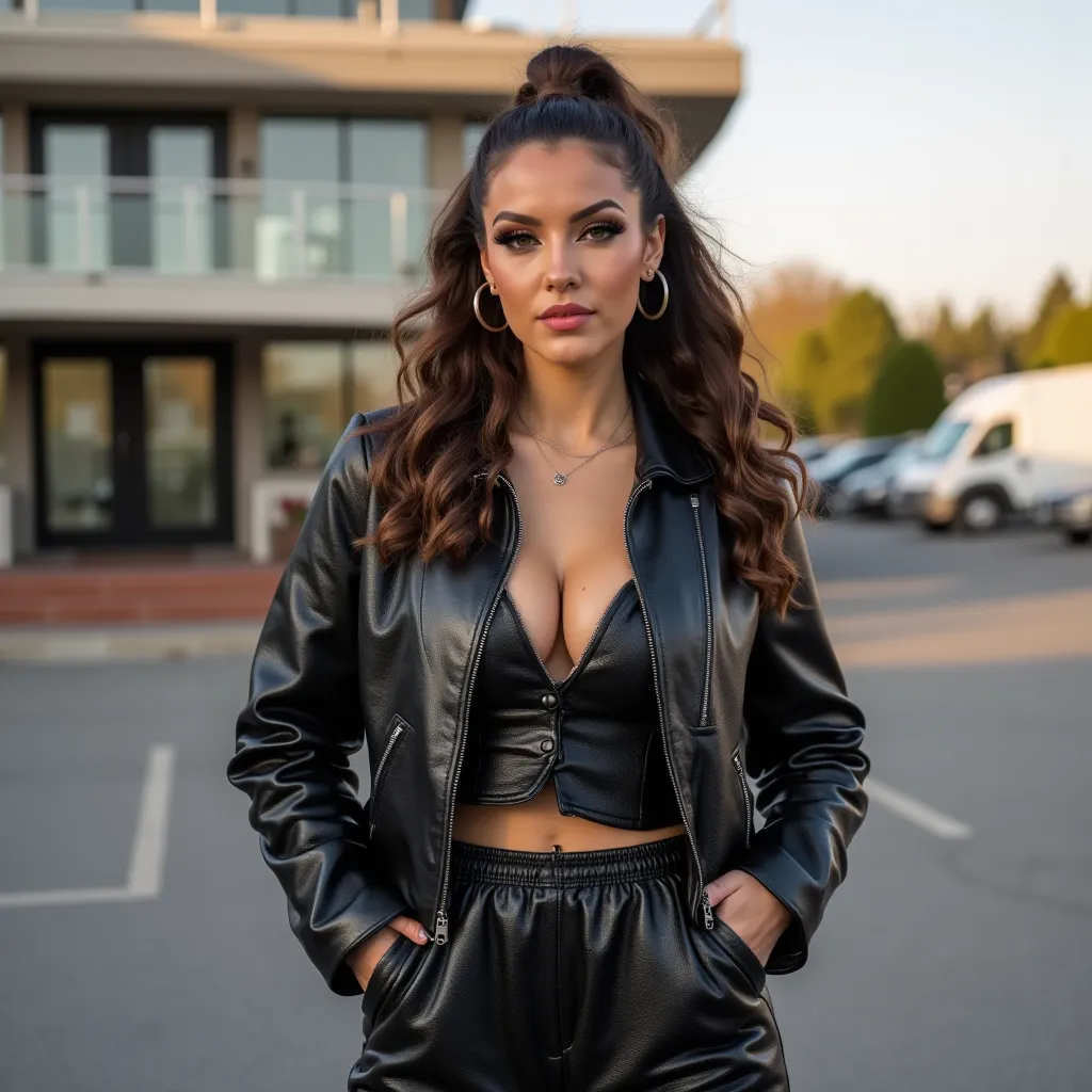 realistic picture of 30 year old girl, she has a brown hair, with a curled pony tail in the back and front side parts curled,, full makeup, blush, dark eyeshadow, she is wearing a leather jacket, turtleneck and leather pants with a belt, very slim waist, s...