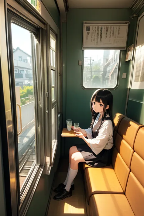 araffe woman sitting on a train looking out the window, a picture inspired by Miwa Komatsu, instagram, shin hanga, in a japanese apartment, with subtitles, reluvy5213, sat down in train aile, Yoshitomo Nara, of a youthful japanese girl, 4 0 9 6