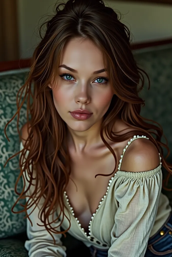 Focusing on the captivating face of a unique woman. Her rich brown hair frames her delicate features and her striking blue eyes shine with intensity. sitting on the couch