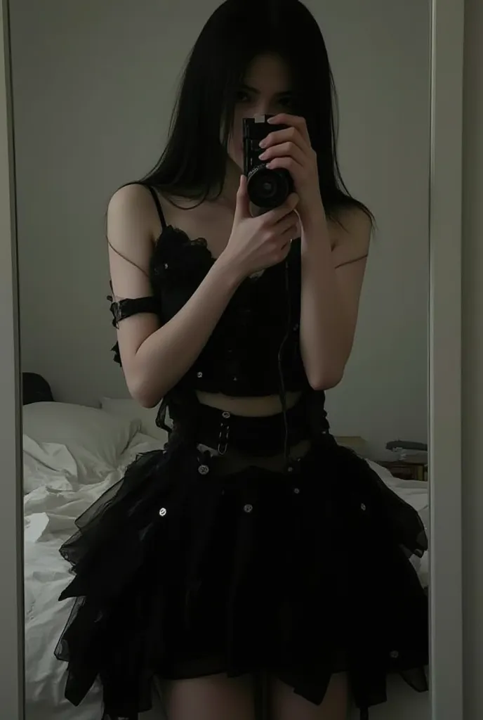 A 17-year-old woman in front of the mirror taking a picture with a black dress glued together