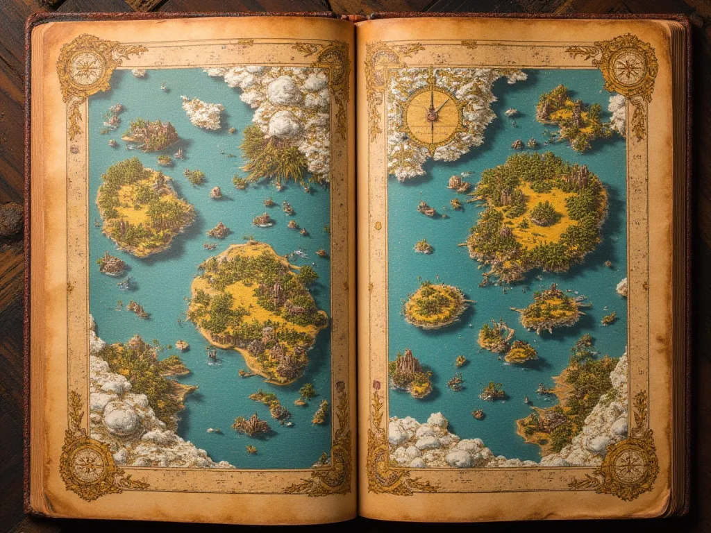 ( Vertical view from above ) The page of an old magical yellowed book on which the navigational map of a fantastic archipelago with islands and a continent is painted with dragon dnd colors from above.